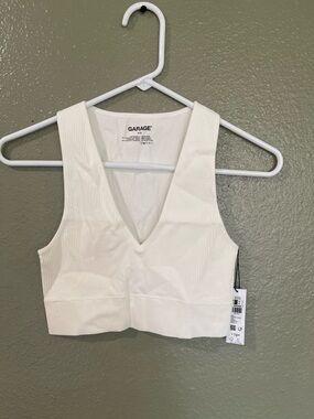 Garage White Ribbed V-Neck Crop Top
